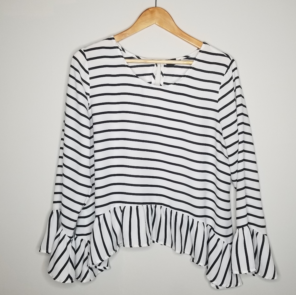 a.n.a. Black and White Stripe Peplum Blouse